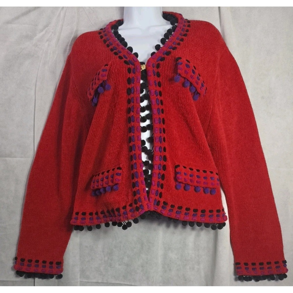 Vintage Christina Rotelli Cardigan Sweater Red W/ Black Pom Poms Embroidered